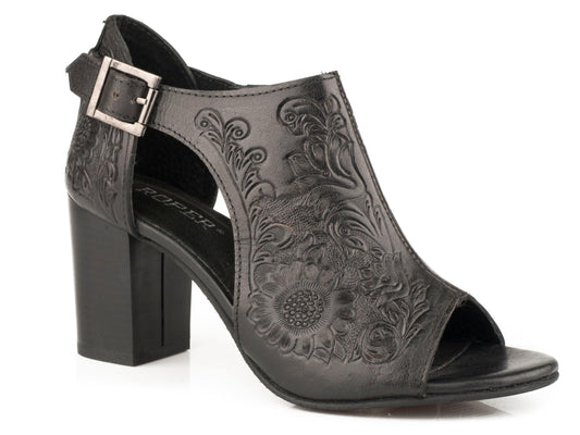 Roper Womens Black Floral Tooled Leather Fashion Open Toe Sandal