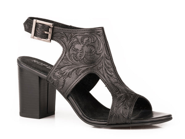 Roper Women's Tan Floral Tooled Leather Open Toe Zip Mule Sandal 0946