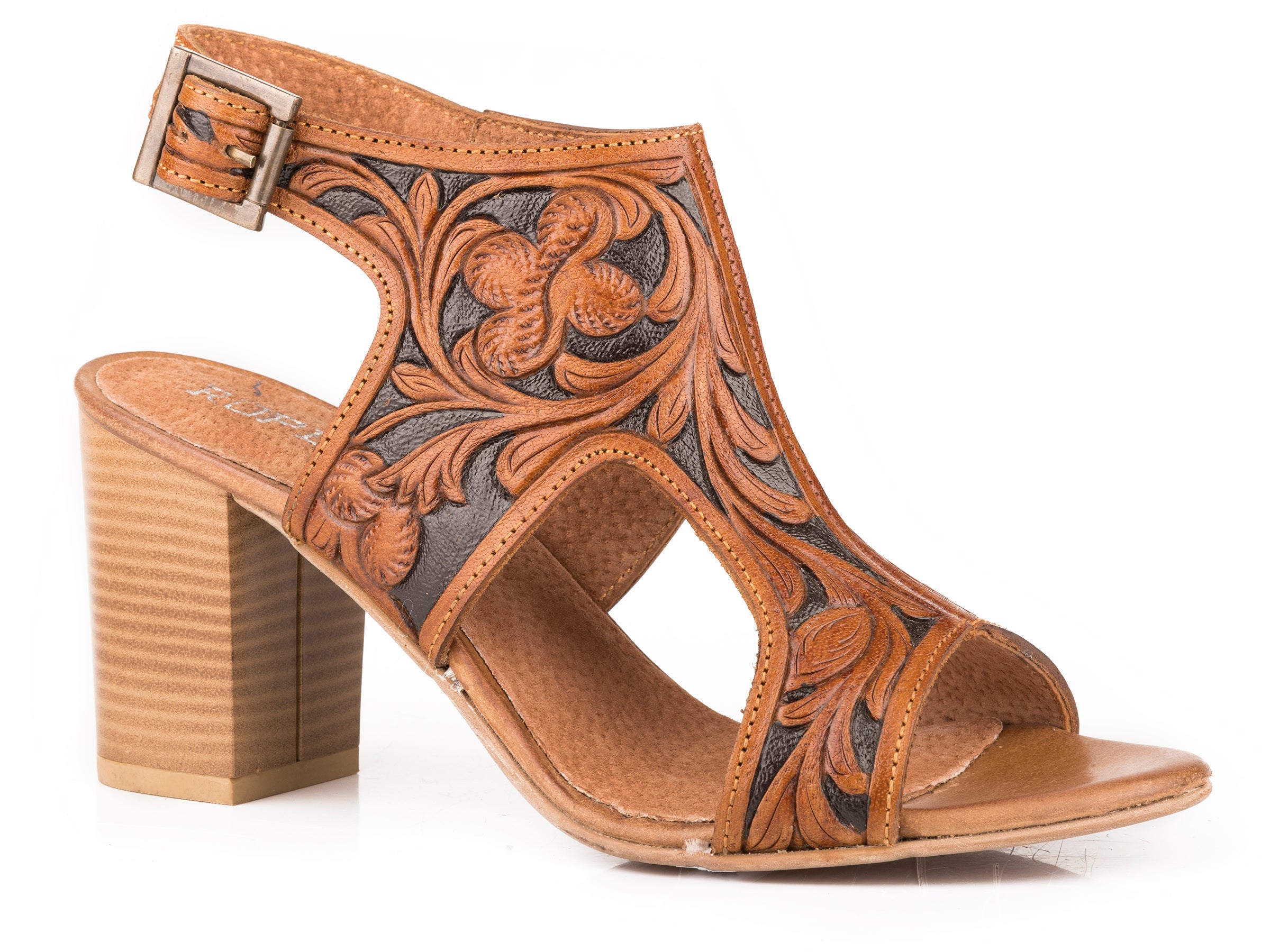 Roper Womens Tan Floral Tooled Leather Fashion Open Toe Sandal