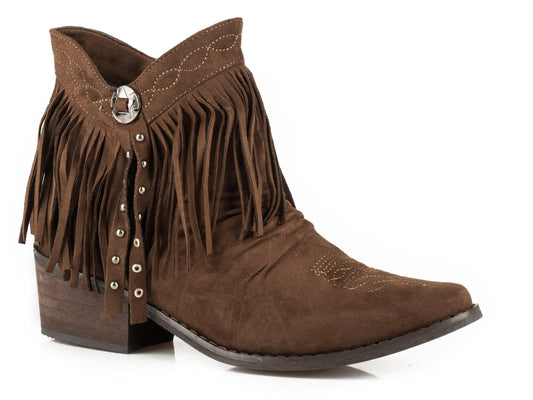 ROPER WOMENS FASHION SHORTY BOOT BROWN SUEDE FAUX LEATHER WITH FRINGE AND CONCHO STUDS - Flyclothing LLC