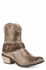 ROPER WOMENS FASHION SHORTY BOOT BURNISHED TAUPE FAUX LEATHER WITH ANTIQUE BRASS BUCKLE AND CONCHO - Flyclothing LLC