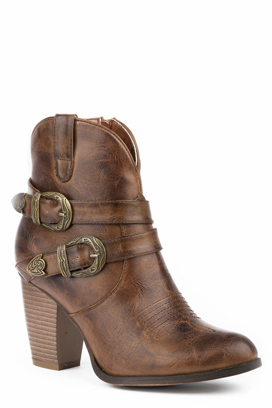 ROPER WOMENS FASHION SHORTY BOOT BURNISHED COGNAC FAUX LEATHER WITH TWO BELTS - Flyclothing LLC