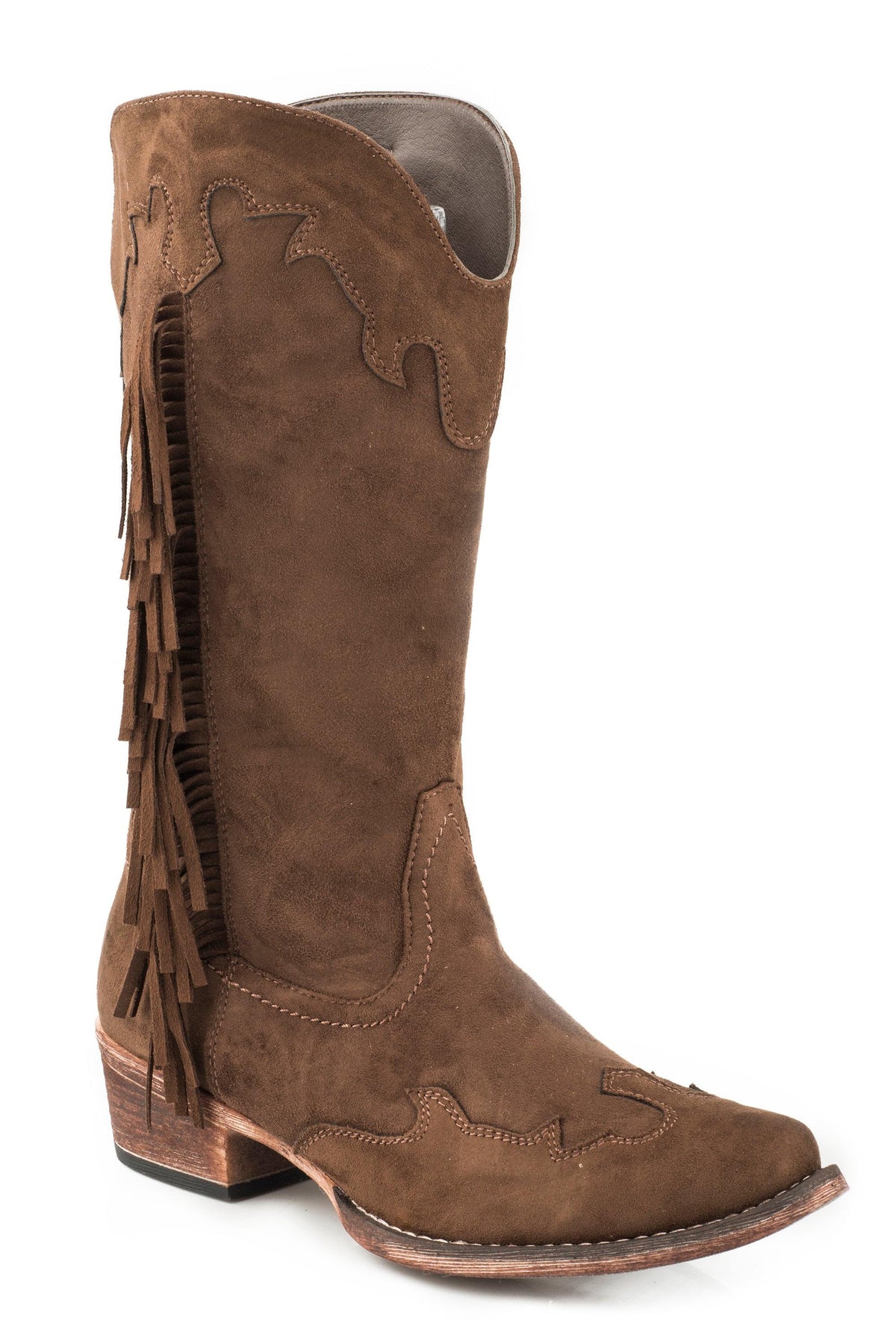 Roper Womens Fashion Cowboy Boot Brown Faux Leather With Side Fringe And Wing Tip And Crown Overlay