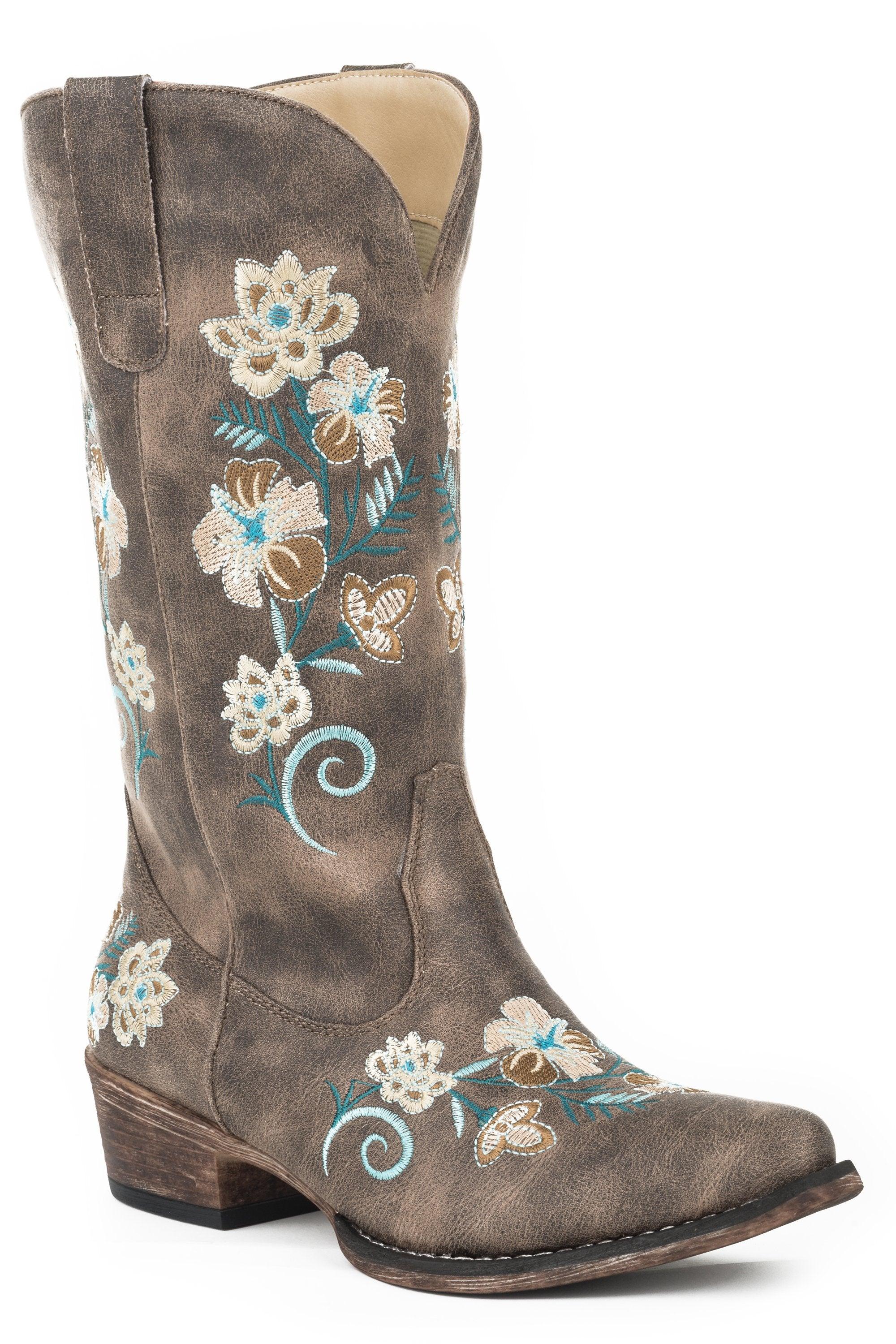 ROPER WOMENS FASHION COWBOY BOOT VINTAGE BROWN FAUX LEATHER WITH ALL OVER FLORAL EMBROIDERY - Flyclothing LLC