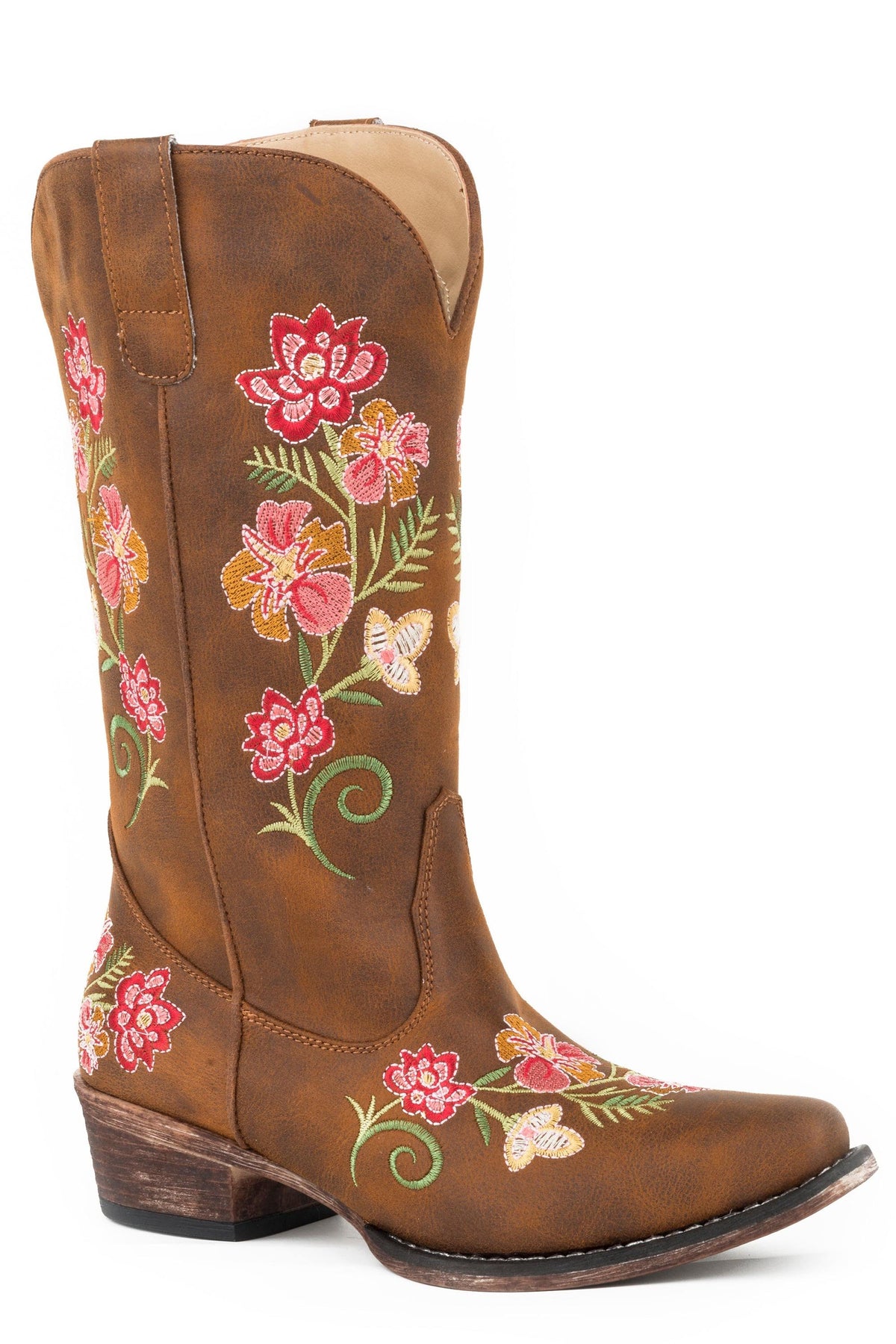 Roper Womens Fashion Cowboy Boot Vintage Cognac Faux Leather With All Over Floral Embroidery