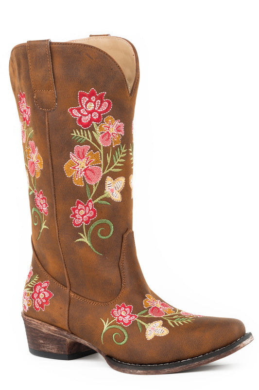 Roper Womens Fashion Cowboy Boot Vintage Cognac Faux Leather With All Over Floral Embroidery