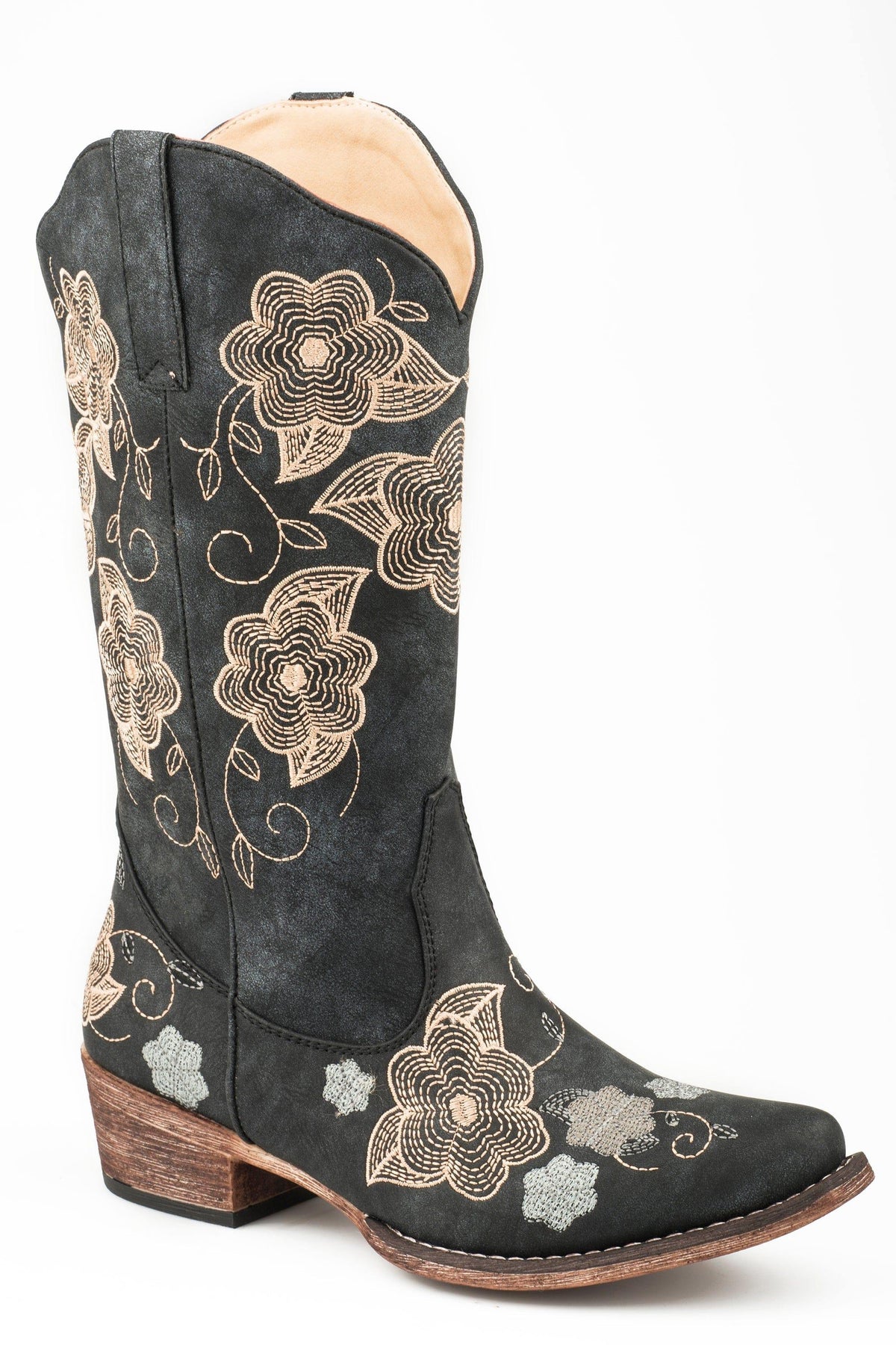 Roper Womens Vintage Black Faux Leather With Floral Embroidery Fashion Boot - Roper