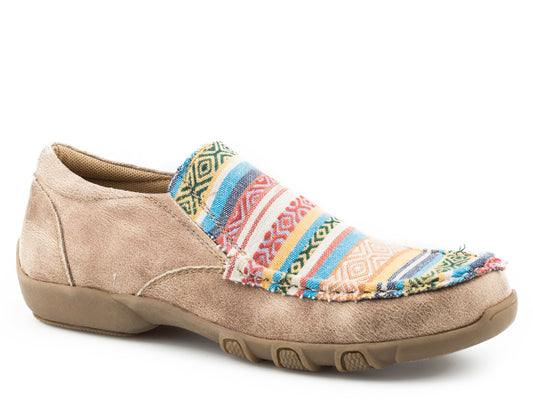 Roper Womens Driving Mocassin Slip On Beige Base With Multi Colored Vamp