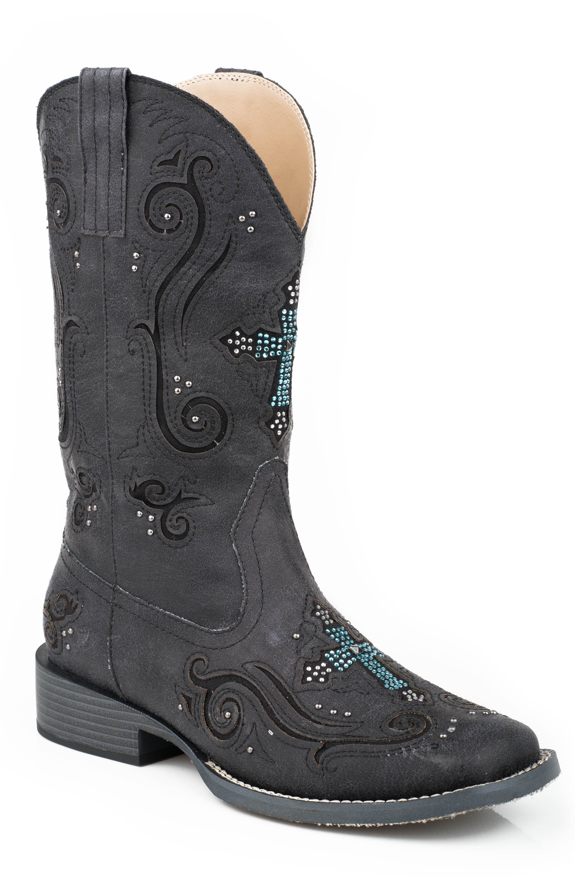 Roper Womens Cowboy Boot Vintage Black Faux Leather With Crystal And Cross Underlay Design