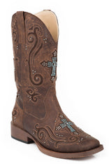 ROPER WOMENS COWBOY BOOT VINTAGE BROWN FAUX LEATHER WITH CRYSTAL AND CROSS UNDERLAY DESIGN - Flyclothing LLC