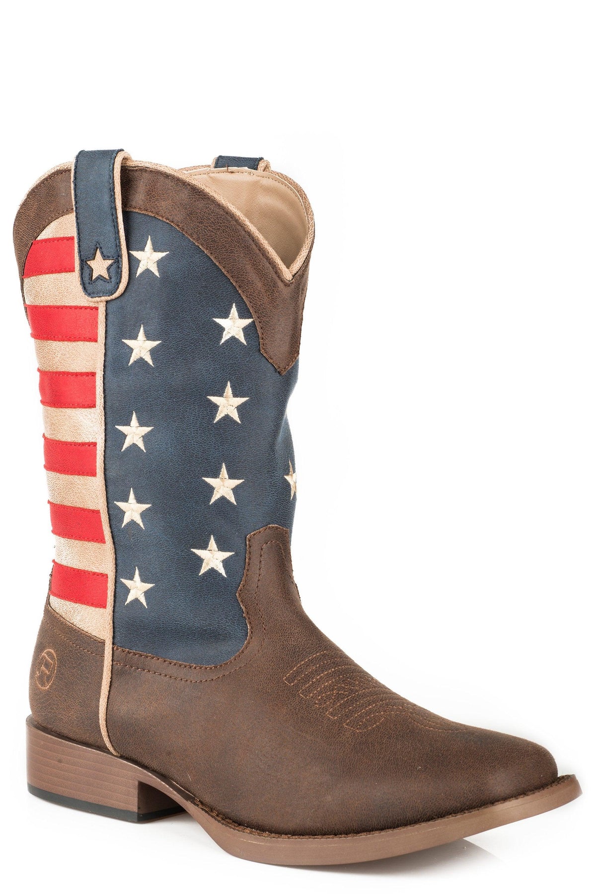 ROPER WOMENS COWBOY BOOT VINTAGE BROWN FAUX LEATHER WITH AMERICAN FLAG UPPER - Flyclothing LLC