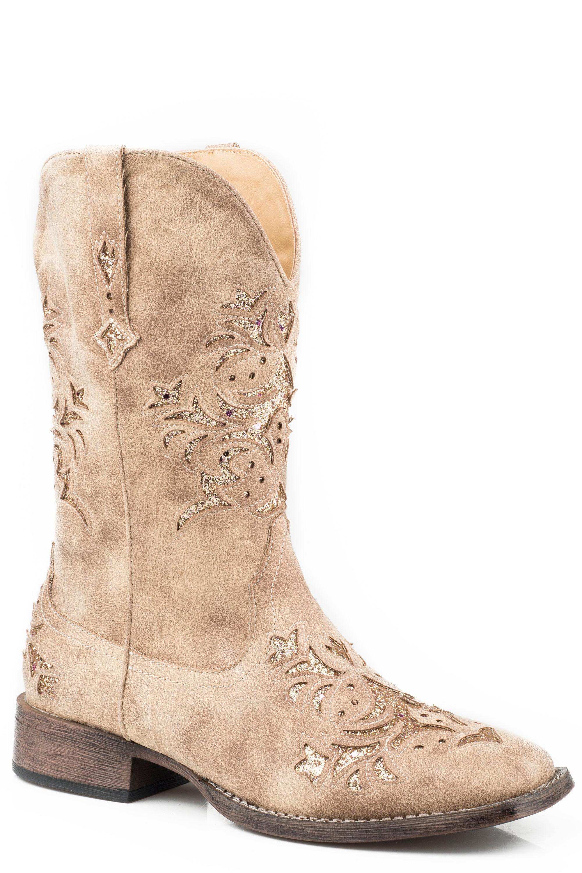 Roper Womens Cowboy Boot Vintage Beige Faux Leather With Metallic Gold Underlay