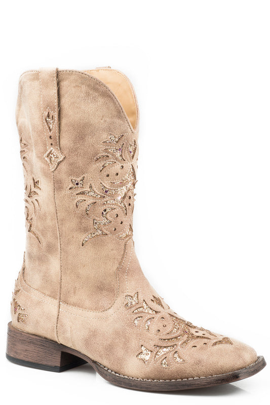 Roper Womens Cowboy Boot Vintage Beige Faux Leather With Metallic Gold Underlay