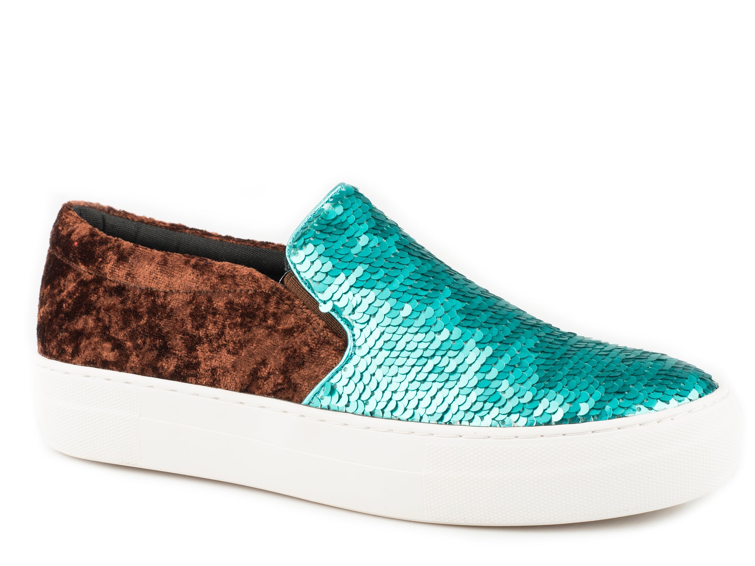 Roper Womens Athletic Sneaker Slip On Turquoise And Silver Sequins On Vamp With Brown Velvet Heel