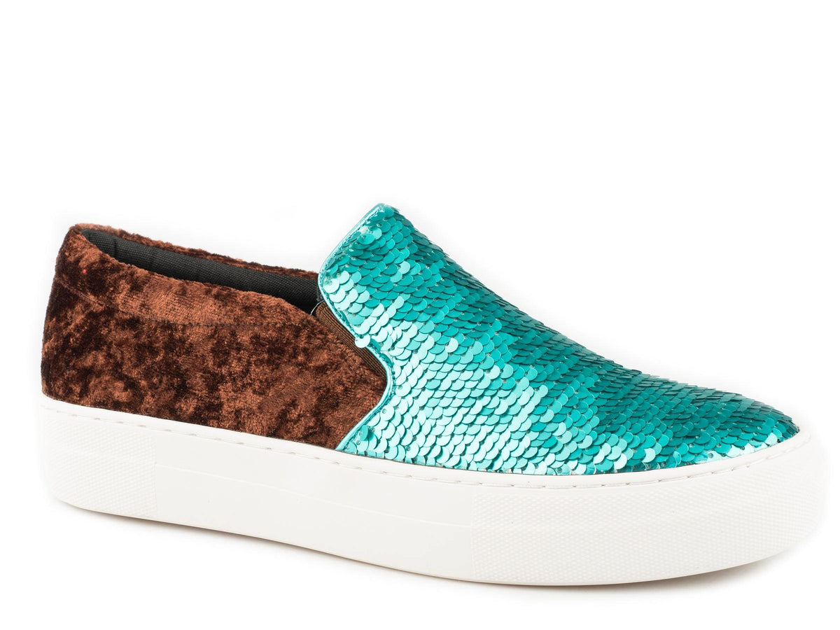 Roper Womens Athletic Sneaker Slip On Turquoise And Silver Sequins On Vamp With Brown Velvet Heel