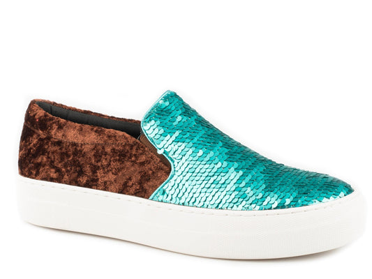 Roper Womens Athletic Sneaker Slip On Turquoise And Silver Sequins On Vamp With Brown Velvet Heel - Roper