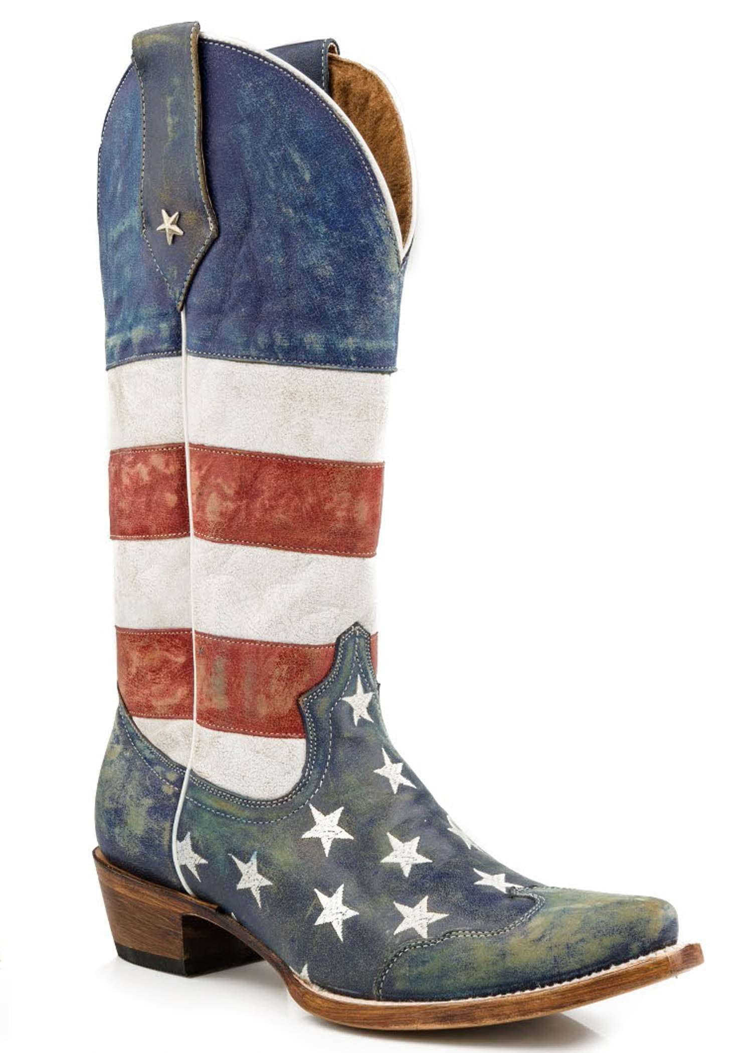 Roper Womens American Flag Leather Cowboy Boot Distressed Red White And Blue