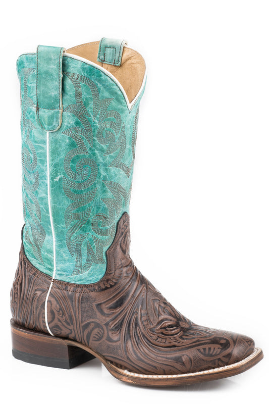 Roper Womens Brown Embossed Floral Vamp Boot With Turquoise Shaft