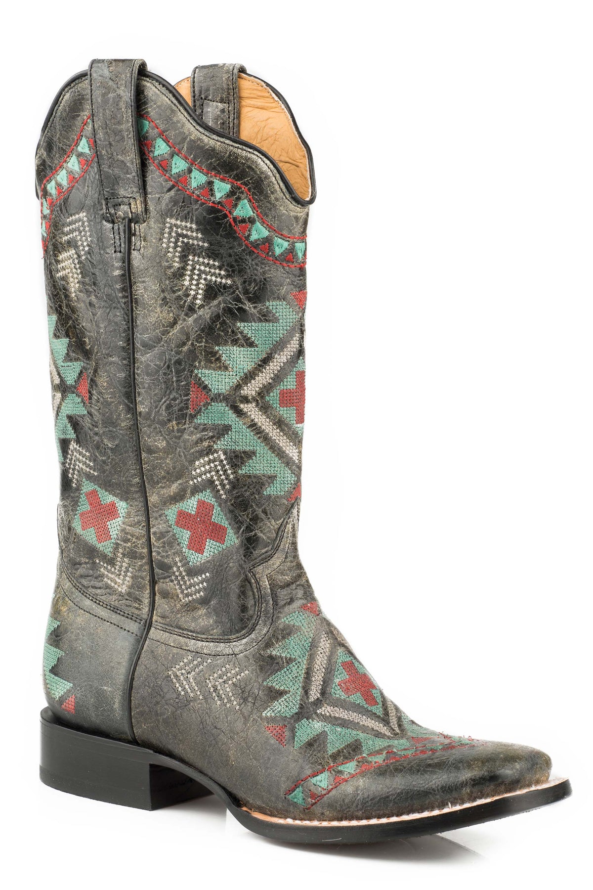 Roper Womens Leather Cowboy Boot Waxy Black With Southwest Embroidered Design