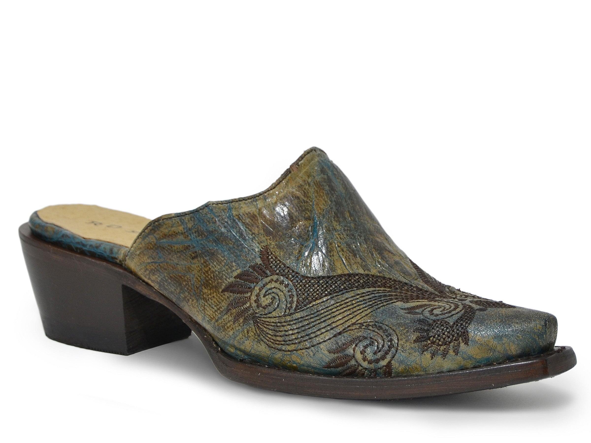 Roper Womens Rustic Turquoise  Brown Leather Mule With Embroidery