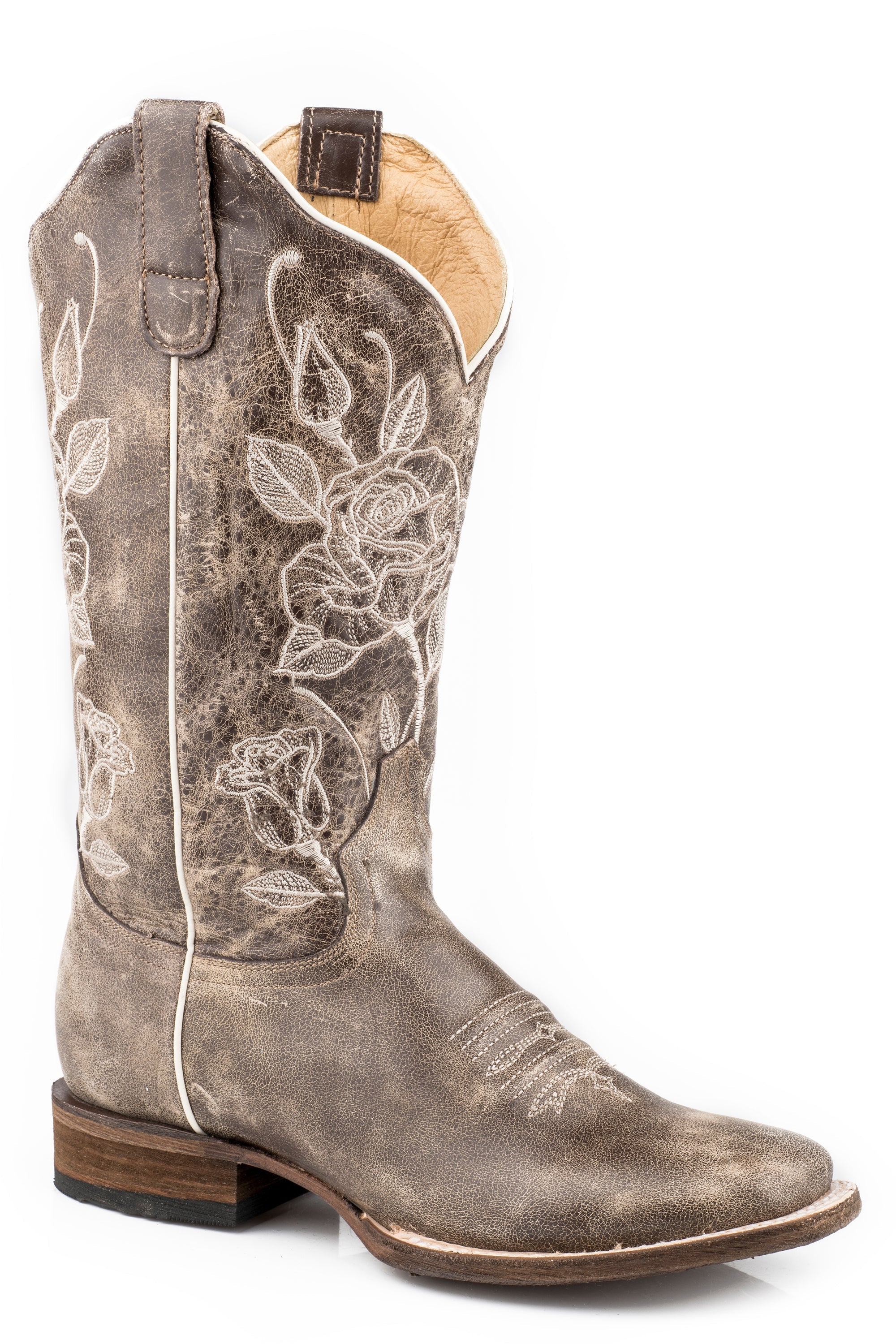 Roper Womens Vintage Brown Leather Vamp  Shaft Flextra Boot With Floral Embroidery On Shaft