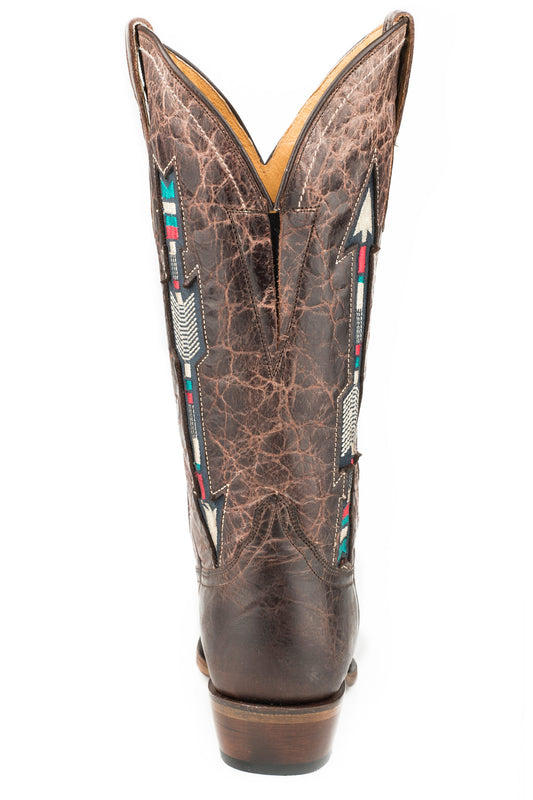 Roper Womens Wide Calf Leather Cowboy Boot Waxy Brown With Embroidered Arrow Underlay Design - Flyclothing LLC