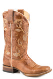 Roper Womens Leather Cowboy Boot Marbled Brown With Rose Embroidery On Upper