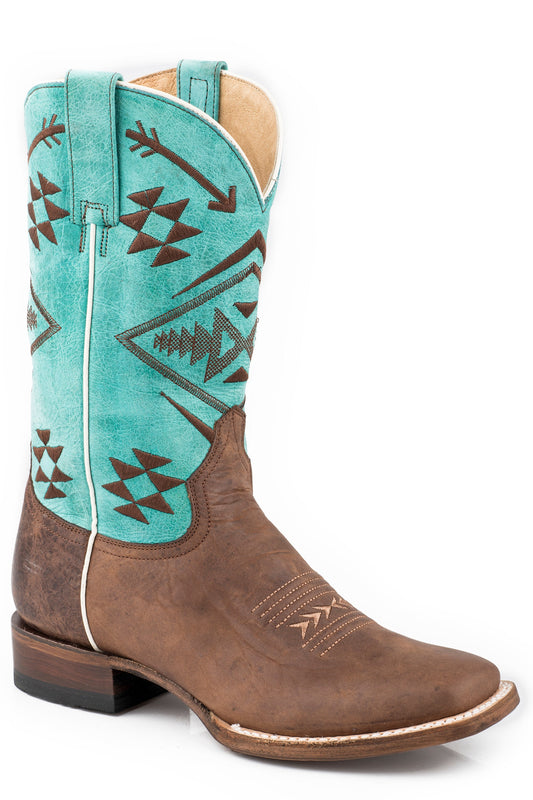 Roper Womens Burnished Brown Leather Vamp Boot With Native Embroidered Turquoise Shaft