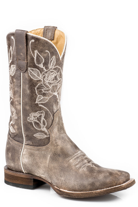 Roper Womens Vintage Brown Leather Vamp  Shaft Boot With Flower Embroidery Design
