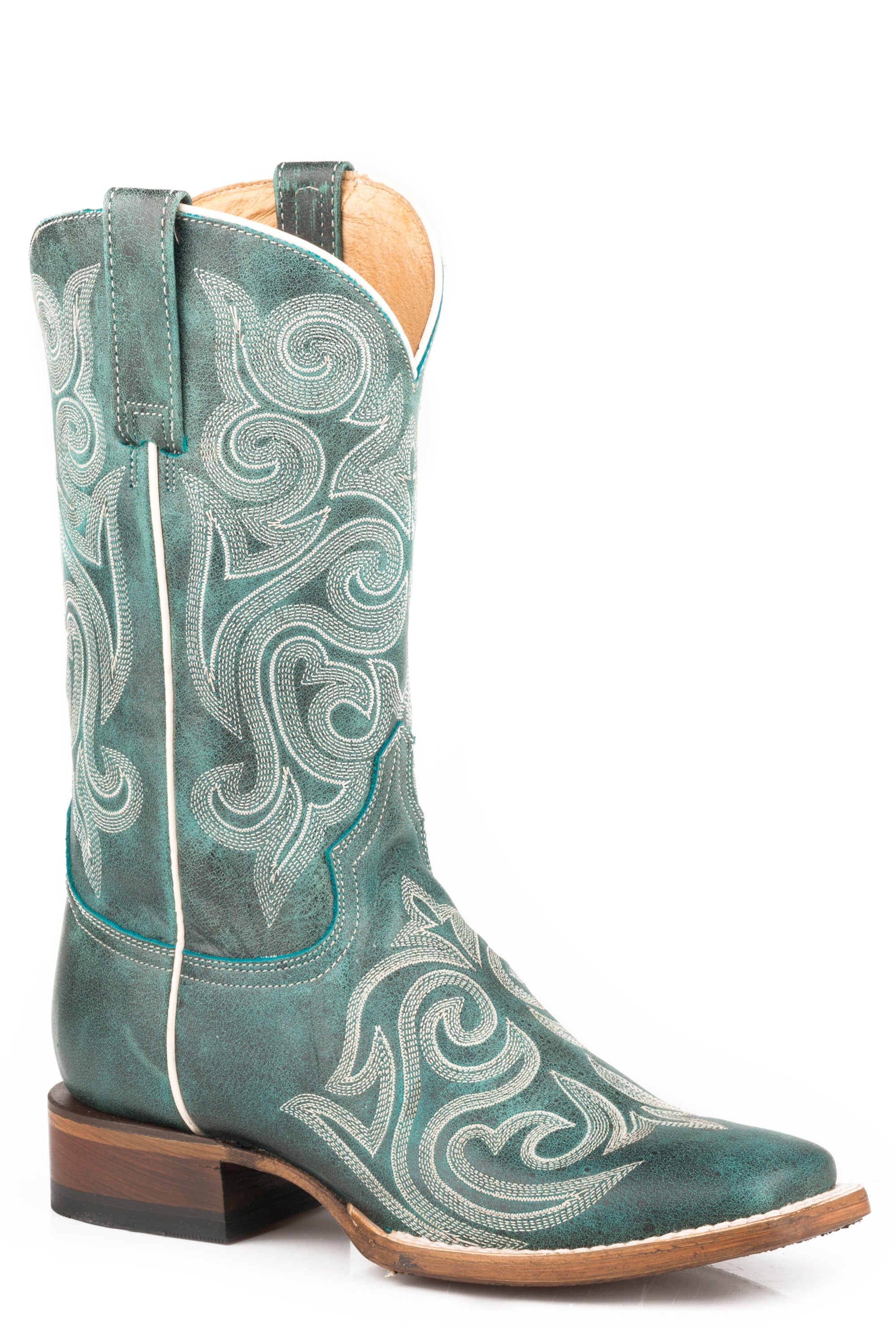 Roper Womens Vintage Turquoise Leather Vamp  Shaft Boot With All Over Embroidery