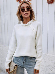 Button Detail Frill Neck Rib-Knit Sweater - Trendsi