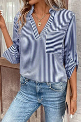 Striped Notched Roll-Tab Sleeve Shirt - Flyclothing LLC