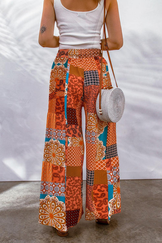 Bohemian Patchwork Drawstring Wide Leg Pants - Flyclothing LLC