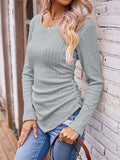 Textured Ruched V-Neck Long Sleeve T-Shirt - Trendsi