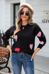 Heart Round Neck Droppped Shoulder Sweater - Flyclothing LLC