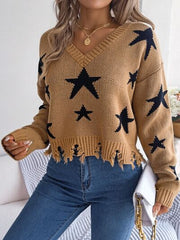 Star Pattern Distressed V-Neck Cropped Sweater - Flyclothing LLC