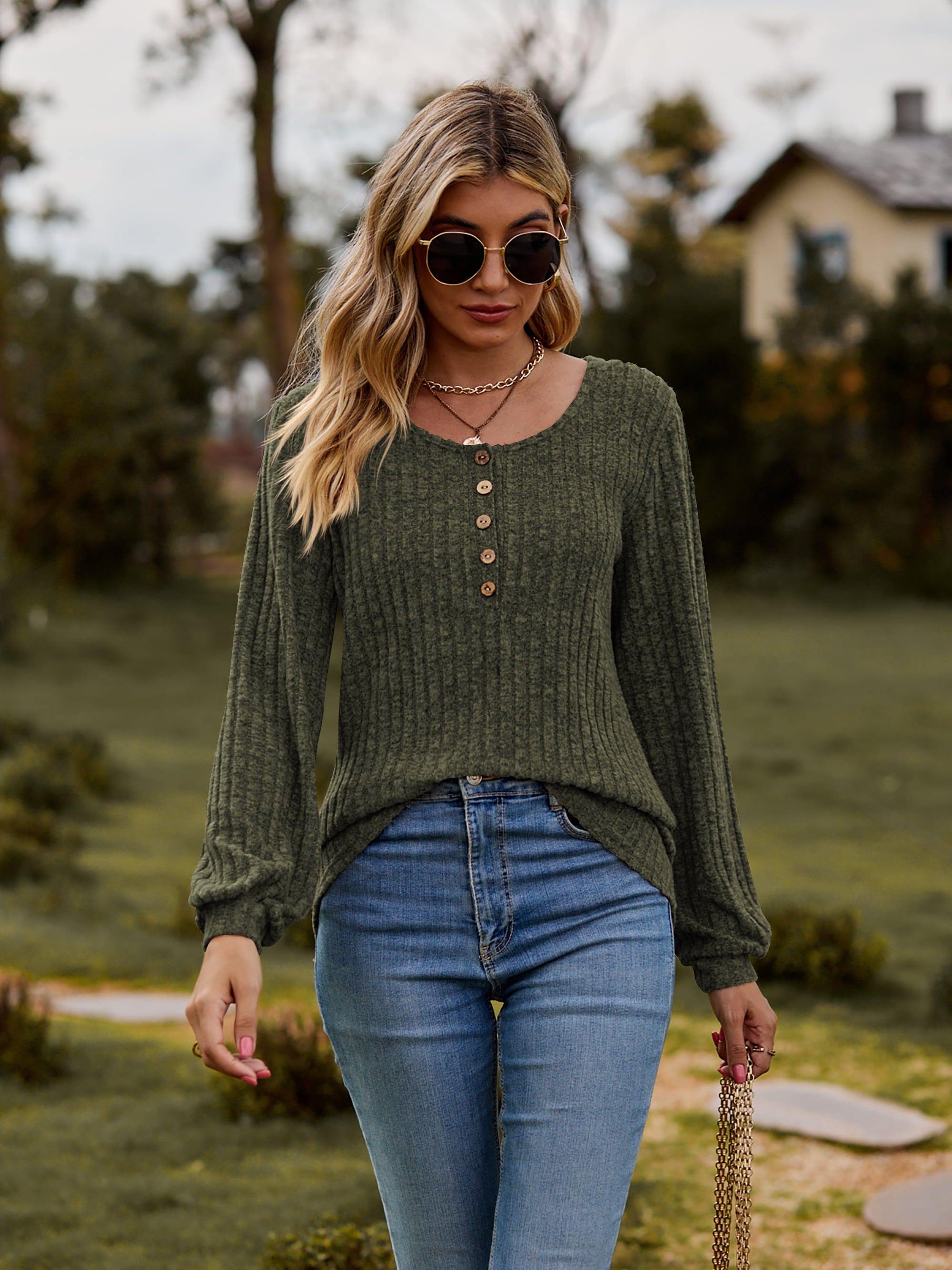 Round Neck Button-Down Long Sleeve Tee - Trendsi