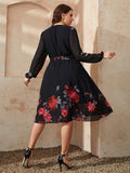 Plus Size Floral Surplice Neck Tie Waist Dress - Trendsi