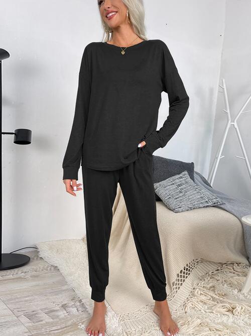 Round Neck Top and Drawstring Pants Lounge Set - Flyclothing LLC