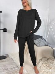 Round Neck Top and Drawstring Pants Lounge Set - Flyclothing LLC