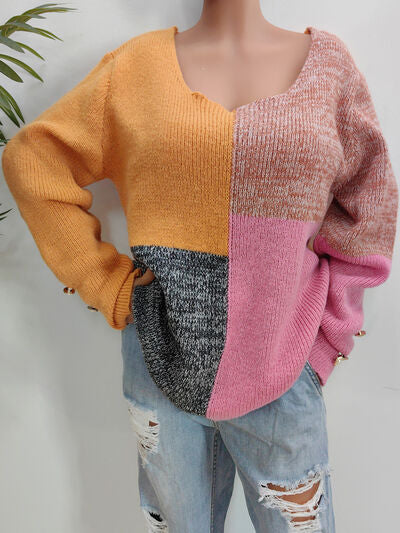 Color Block Decorative Button Long Sleeve Sweater - Flyclothing LLC