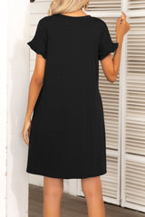 Flounce Sleeve Round Neck Dress with Pockets - Flyclothing LLC