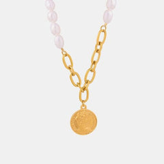 Coin pendant Pearl Titanium Steel Necklace - Trendsi