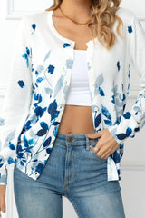 Floral Button Front Round Neck Cardigan - Flyclothing LLC