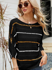 Eyelet Striped Round Neck Knit Top - Flyclothing LLC