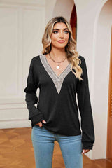 Contrast V-Neck Long Sleeve Blouse - Trendsi