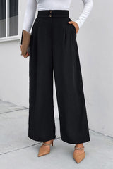 High Waist Ruched Pocketed Wide Leg Pants - Flyclothing LLC