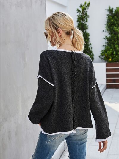 Boat Neck Dropped Shoulder Sweater - Trendsi