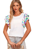 Multicolored Flutter Sleeve Round Neck Blouse - Flyclothing LLC