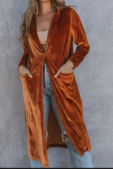 Collared Neck Longline Velvet Cardigan with Pockets - Flyclothing LLC